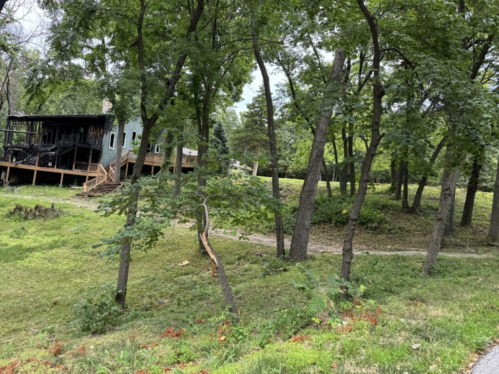 Partially charred wooden house in green forest, one side damaged by fire, small path leading away.