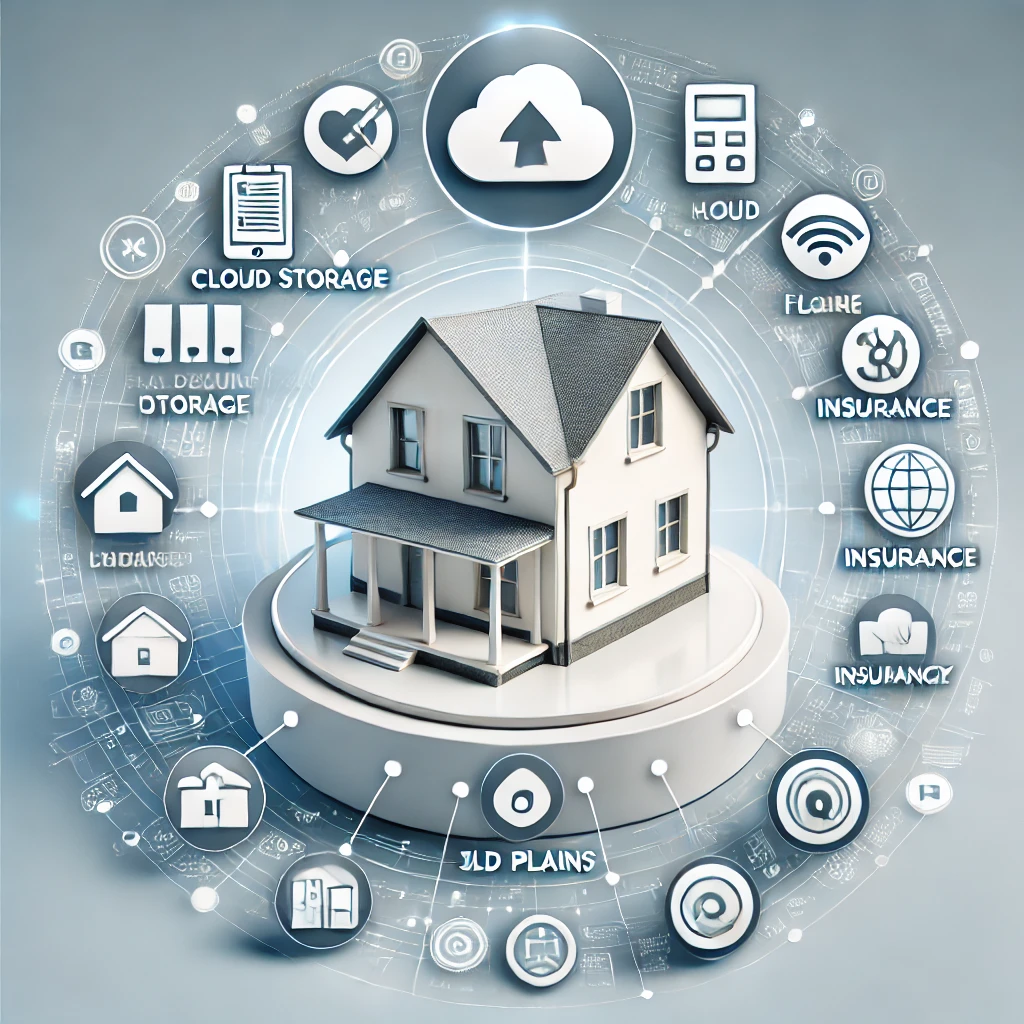 Digital illustration of a house surrounded by icons representing cloud storage, insurance, 3D mapping technology, and home documentation, emphasizing preparedness for disaster and insurance claims.