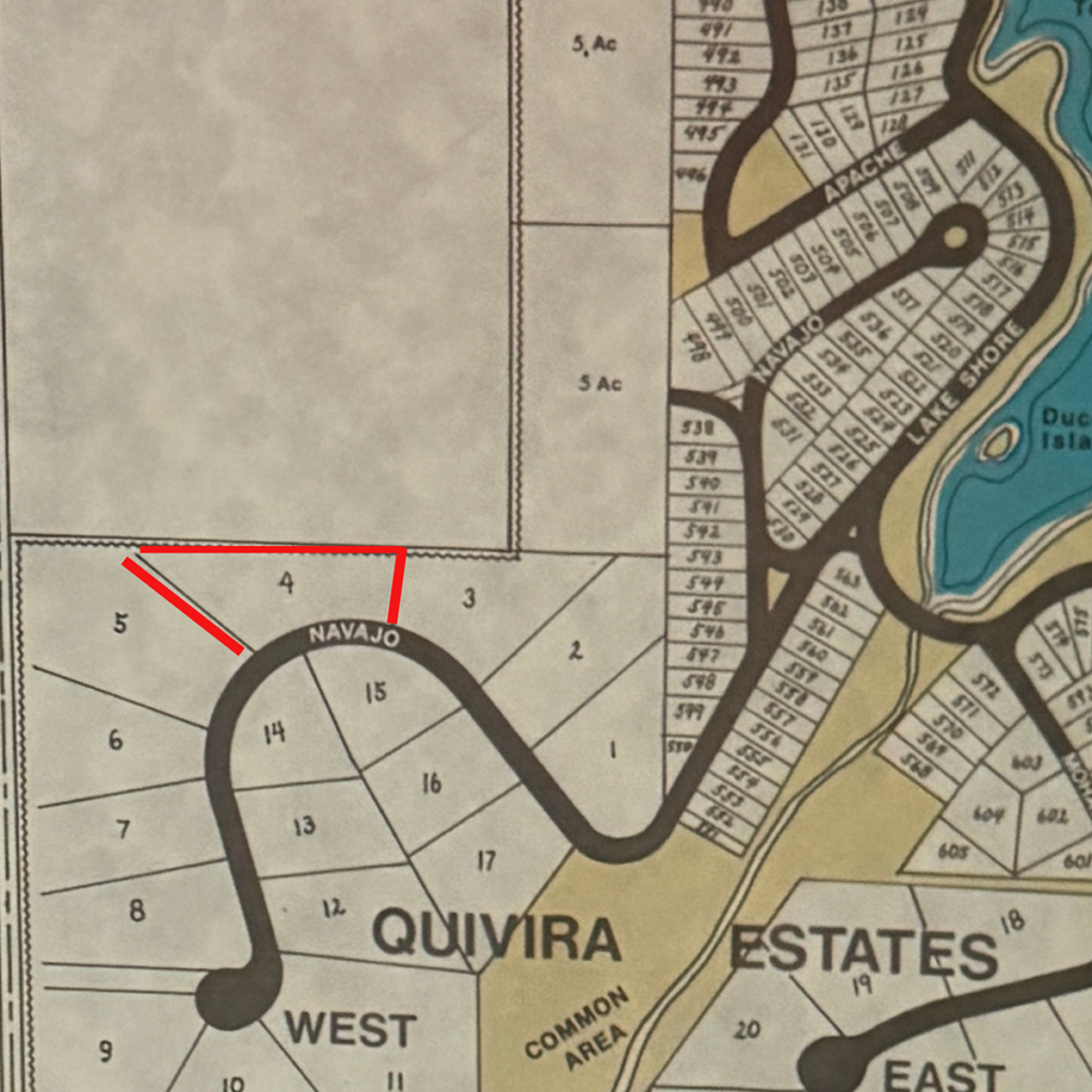 Map of Quivira Estates showing lot numbers, roads, a common area, and Duck Island northeast.