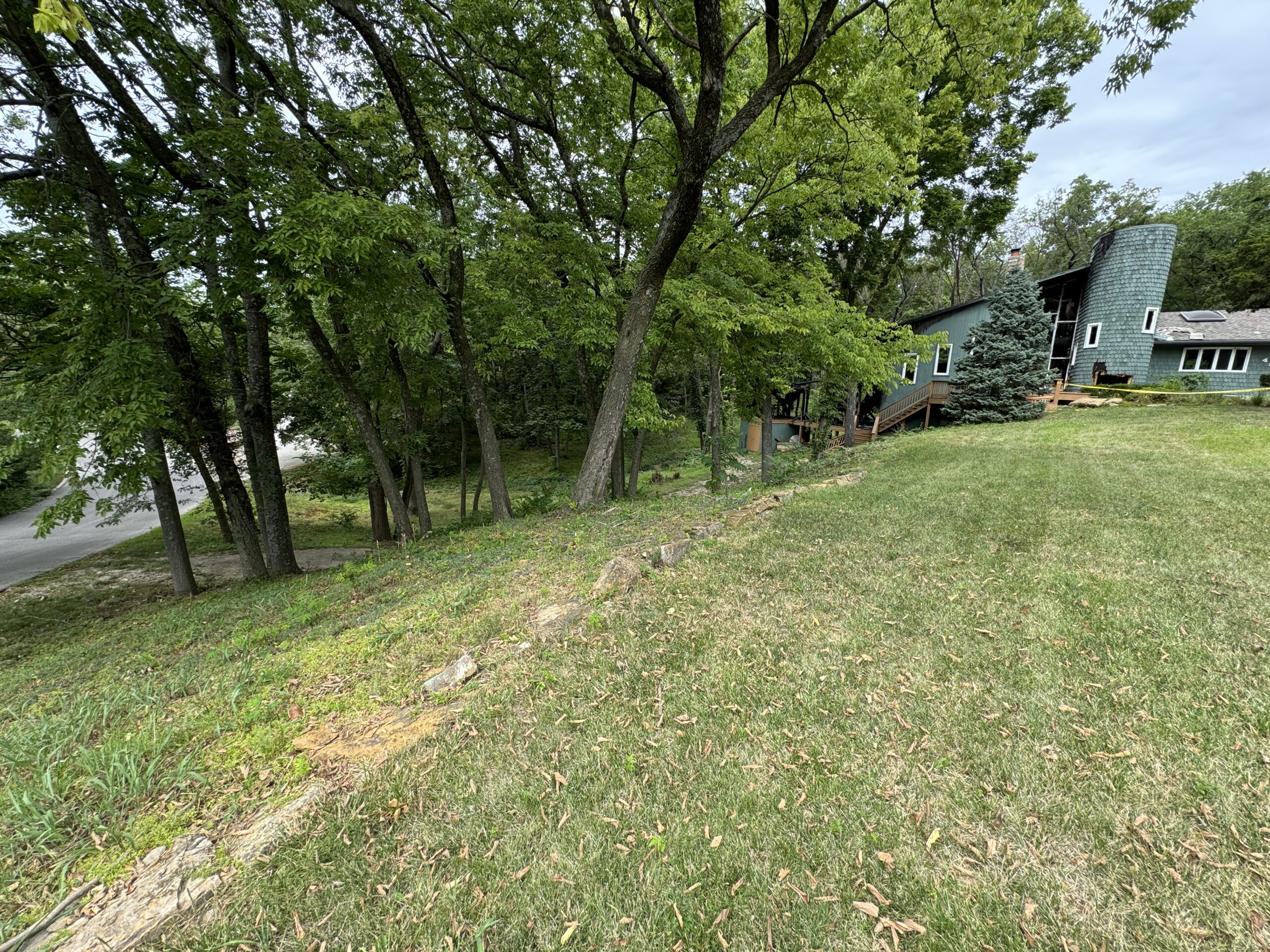 Sloped grassy yard with trees, modern house with greenish-blue siding, curved element, road to the left.