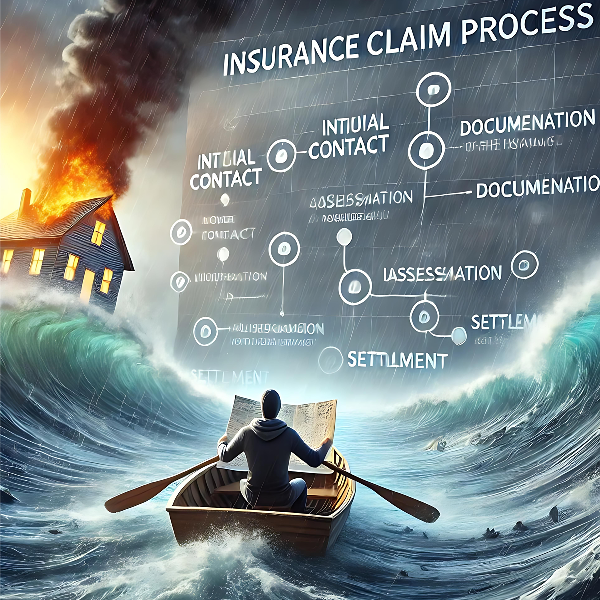 Person rowing in turbulent sea, holding a document, with burning house and insurance claim flowchart.