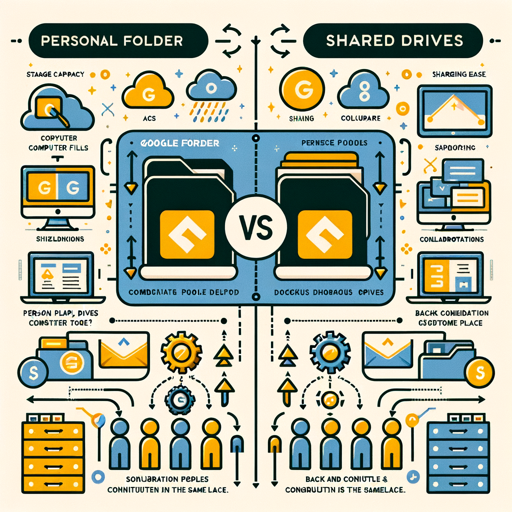 Infographic comparing personal folders and shared drives with icons illustrating features and benefits.