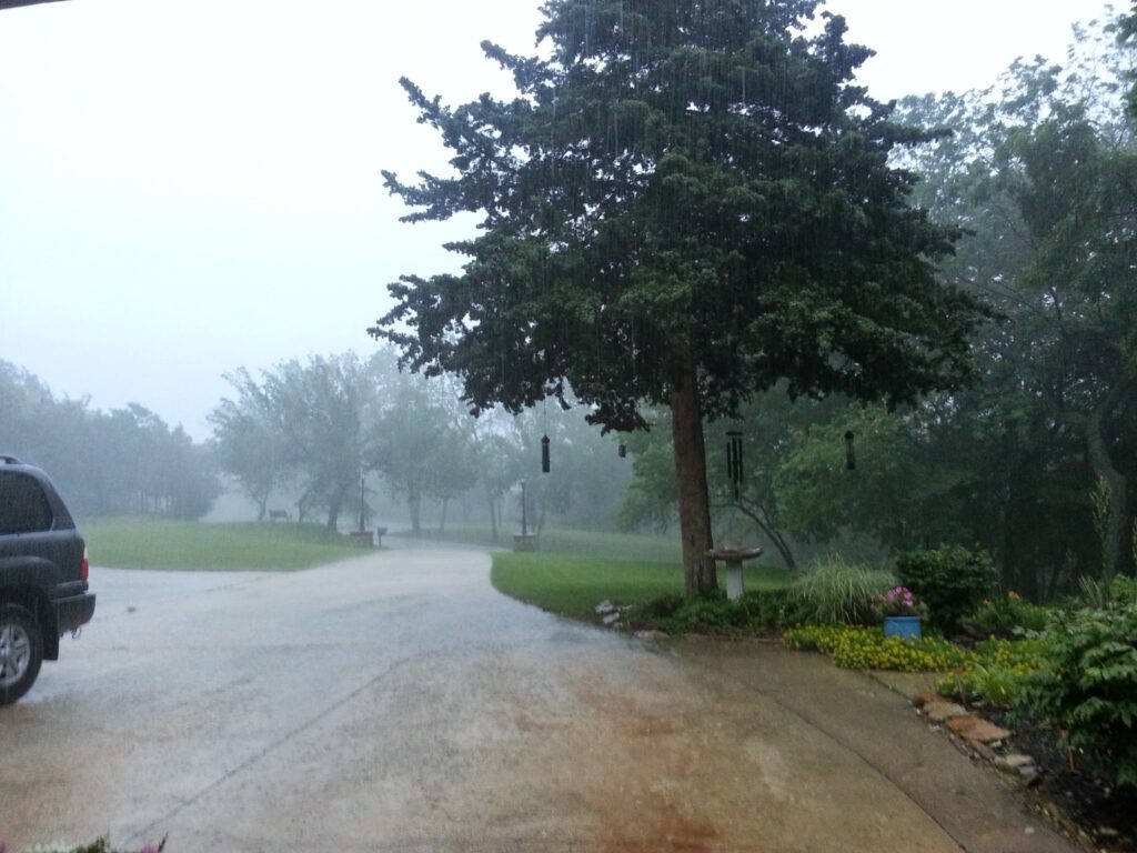 Rainy suburban driveway with greenery, a tree with chimes, and a dark vehicle on the left.