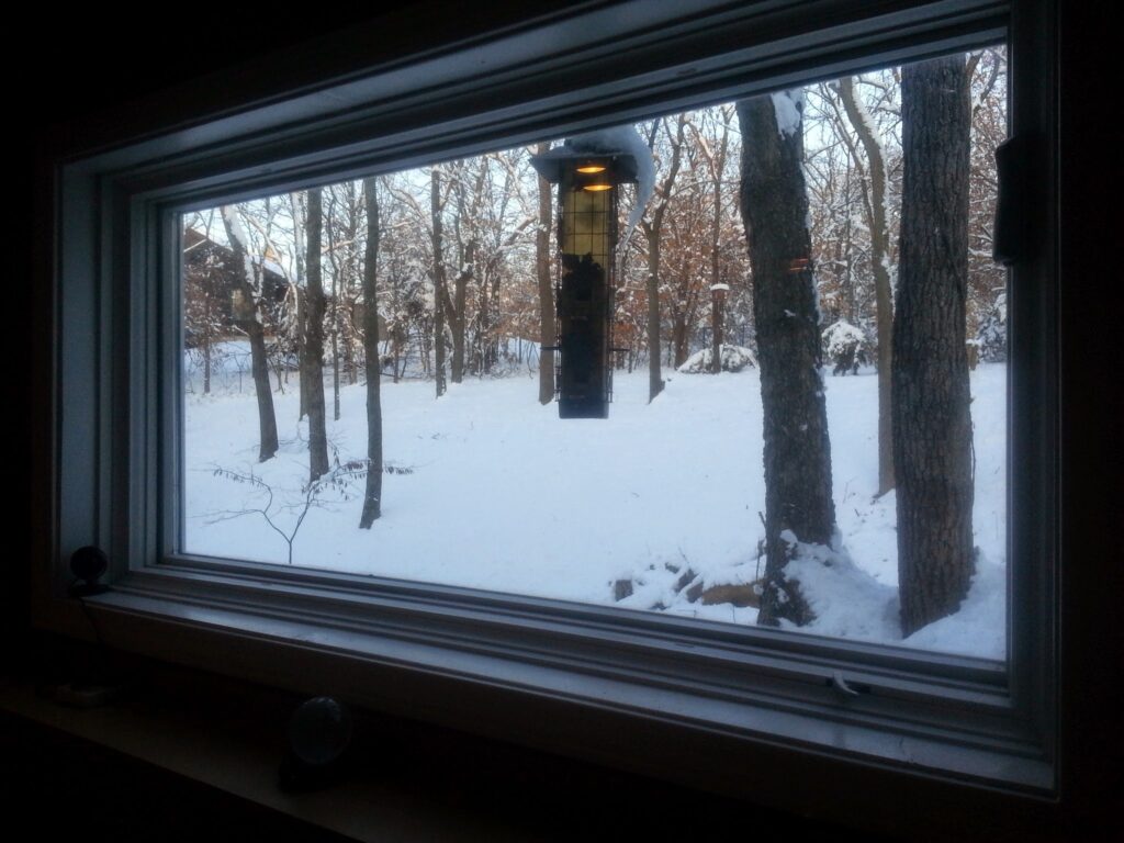 Snowy landscape and bird feeder seen through large window with bare trees in a serene winter setting.