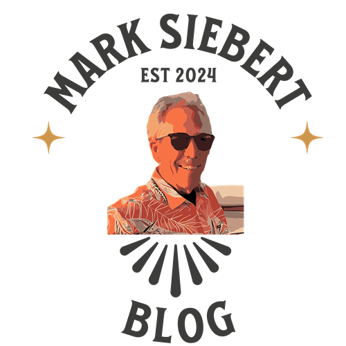 Logo for "MARK SIEBERT BLOG" with an older man in sunglasses, stars, rays, and "EST 2024."