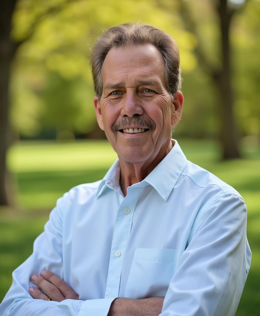 Older man with mustache in park, wearing light blue shirt, arms crossed, green trees backdrop.