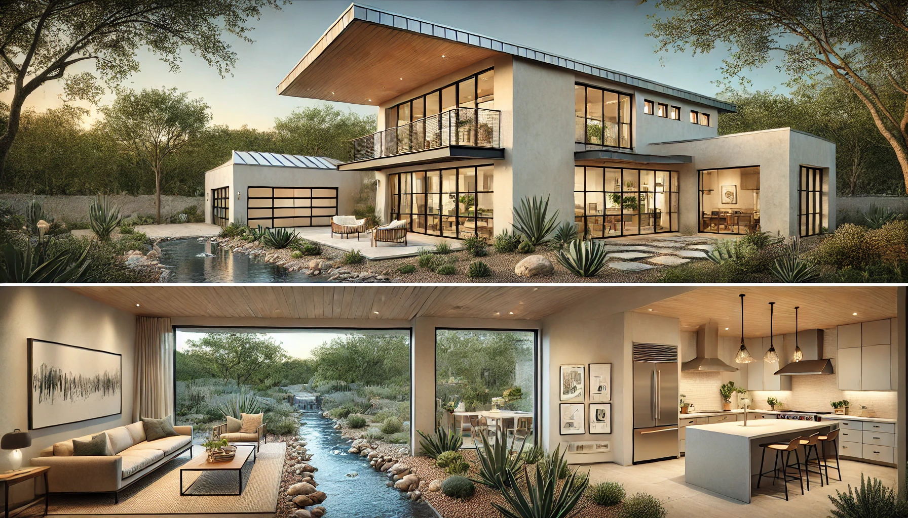 Modern two-story house with large windows, desert plants, stream, open kitchen, and seating areas.