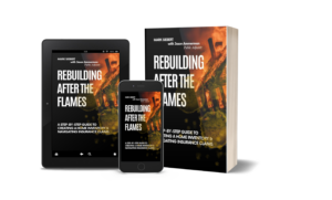 Book "Rebuilding After the Flames" by Mark Siebert, on tablet, phone, and physical copy.