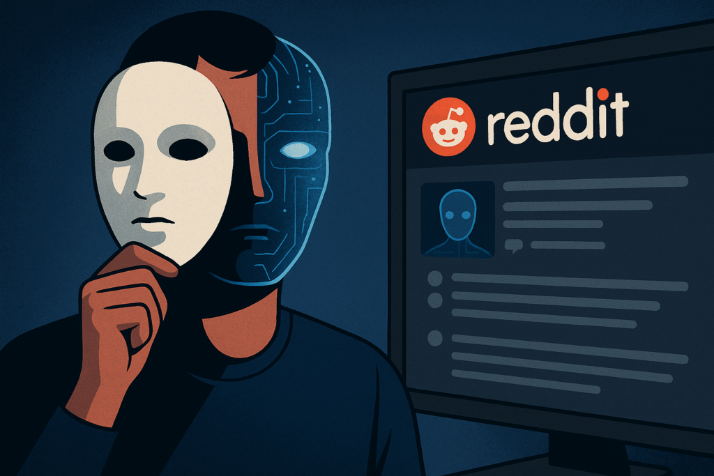 Person holding mask over half-human, half-digital face; Reddit profile on screen in dark setting.